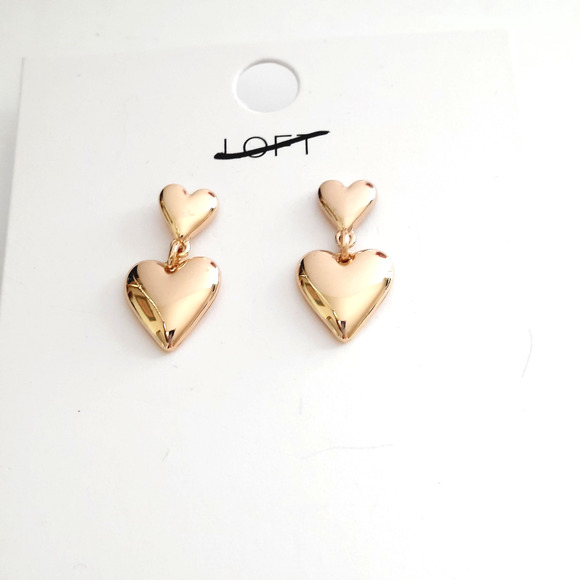 NEW Loft Double Heart Polished Gold Tone Drop Dangle Post Earrings - Picture 1 of 4